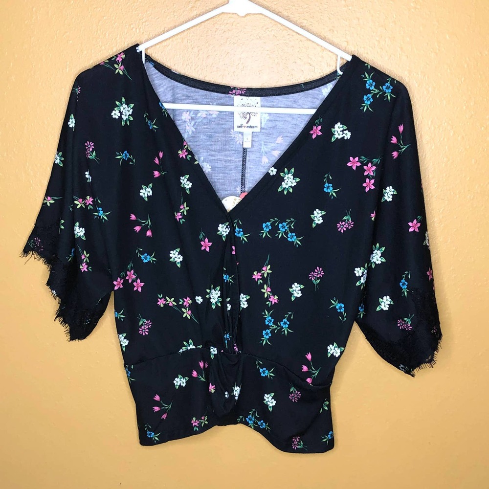 Self Esteem Crop Top Black Floral, New S